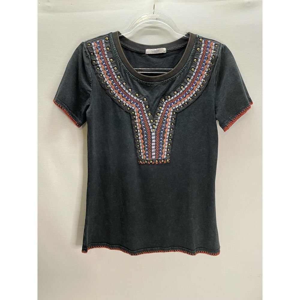 Delila Texas Western Short Sleeve T-Shirt Black Studded Embroidered Size XS